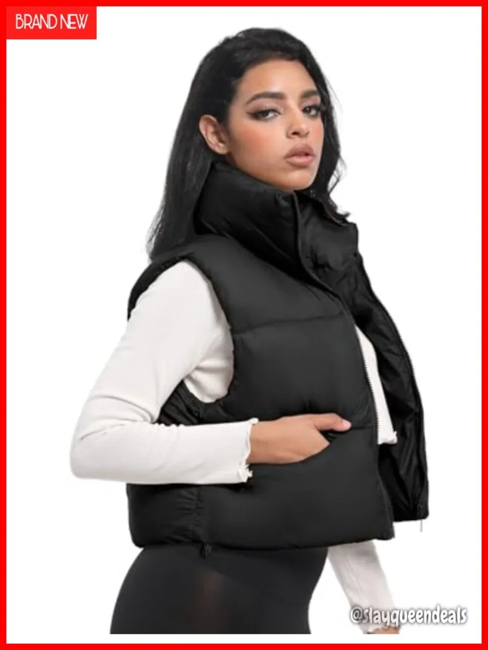Cropped Puffer Vest Women Winter Puffy Vest with Pockets Lightweight Stand